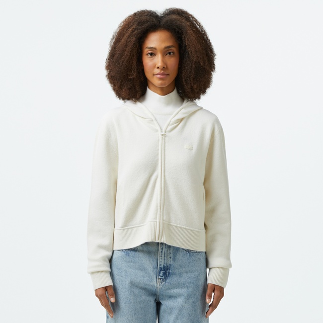  Kadın Relaxed Fit Kapüşonlu Beyaz Hırka