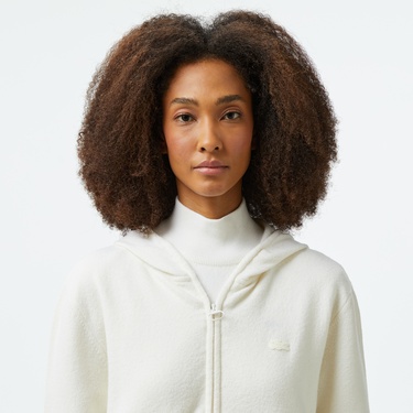  Kadın Relaxed Fit Kapüşonlu Beyaz Hırka