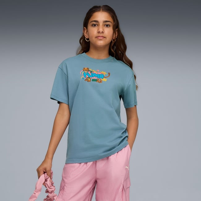  Puma Graphic Leopard Çocuk Mavi T-Shirt