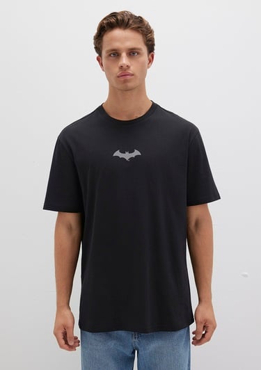  Mavi Batman Baskılı Siyah Tişört Loose Fit / Bol Rahat Kesim 066878-900