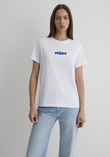  Mavi Miav Baskılı Beyaz Tişört Regular Fit / Normal Kesim 1610622-620