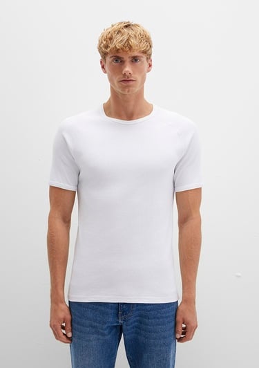  Mavi Ribana Detaylı Beyaz Tişört Fitted / Vücuda Oturan Kesim 06605622