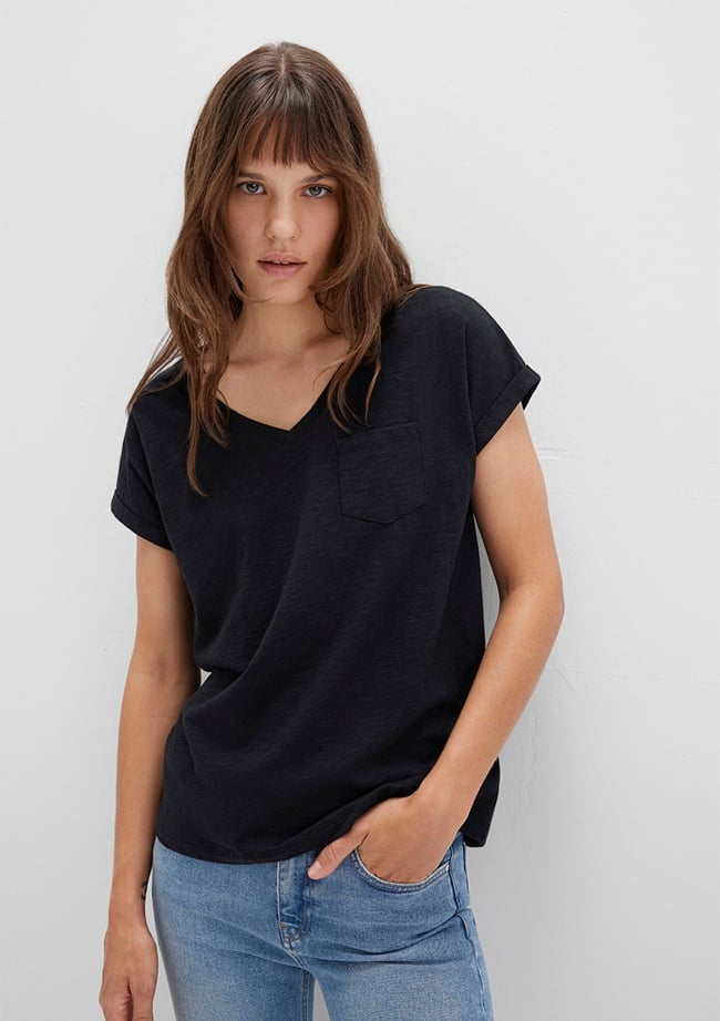  Mavi V Yaka Siyah Basic Tişört Loose Fit / Bol Rahat Kesim 1600961-900