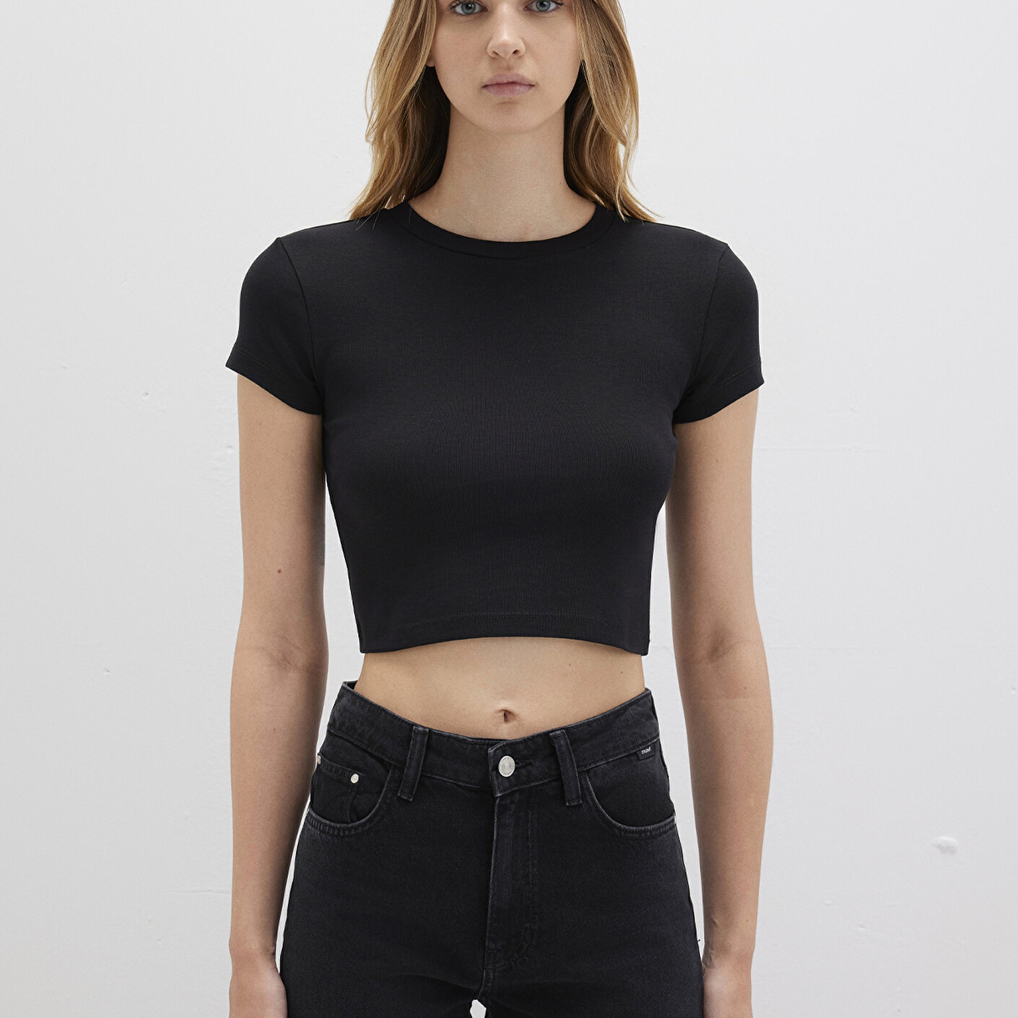 Mavi Siyah Basic Tişört Crop / Kısa Kesim 1600814-900