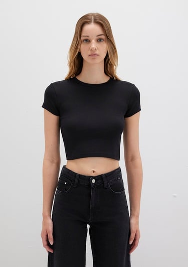  Mavi Siyah Basic Tişört Crop / Kısa Kesim 1600814-900