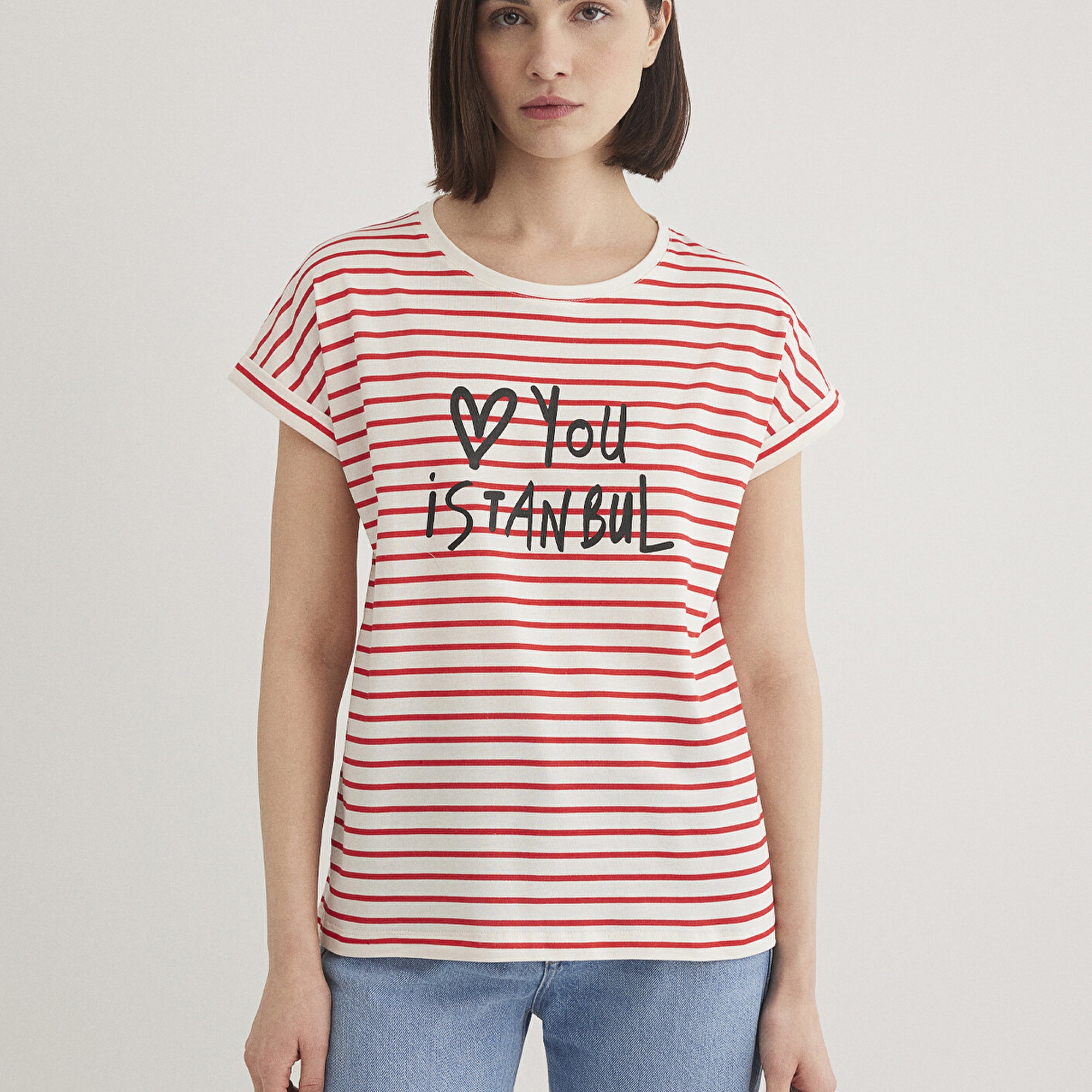 Mavi Love You Baskılı Çizgili Istanbul Tişört Regular Fit / Normal Kesim 167986-26829