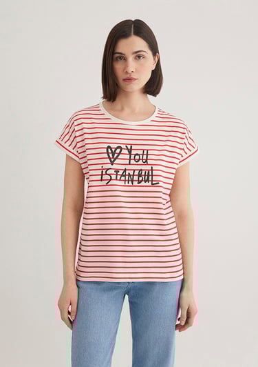  Mavi Love You Baskılı Çizgili Istanbul Tişört Regular Fit / Normal Kesim 167986-26829