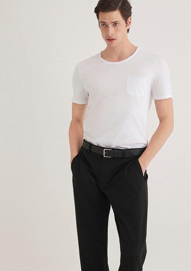  Mavi Dikişli Cep Detaylı Beyaz Tişört Fitted / Vücuda Oturan Kesim 062772-20843