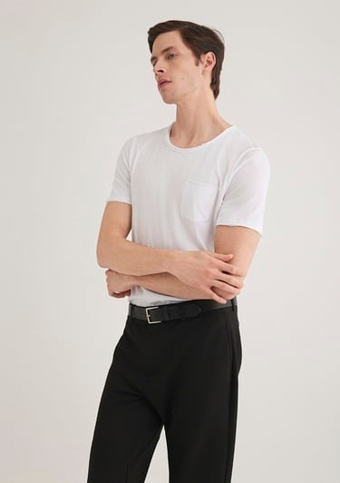  Mavi Dikişli Cep Detaylı Beyaz Tişört Fitted / Vücuda Oturan Kesim 062772-20843