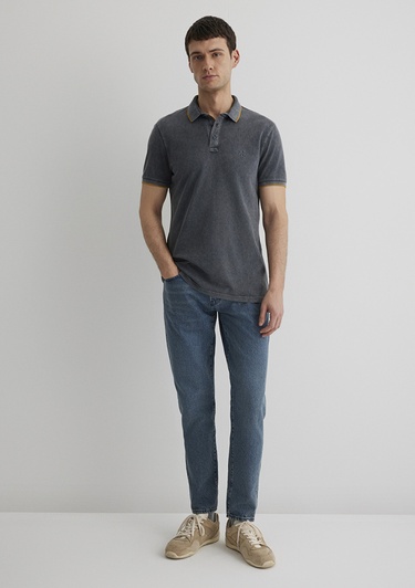 Mavi Şerit Detaylı Antrasit Polo Tişört Slim Fit / Dar Kesim 065920-30653