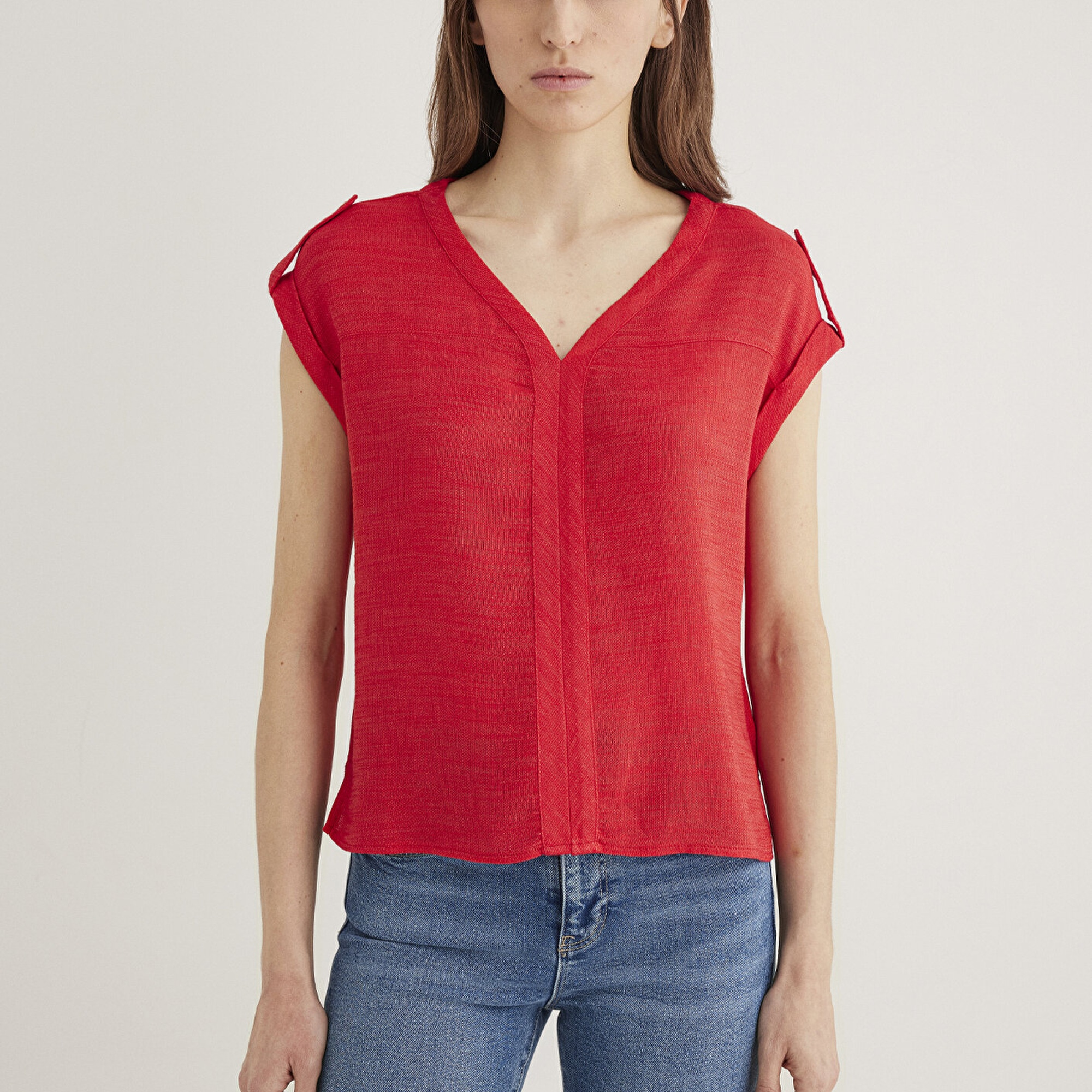 Mavi V Yaka Kırmızı Bluz 122504-30648