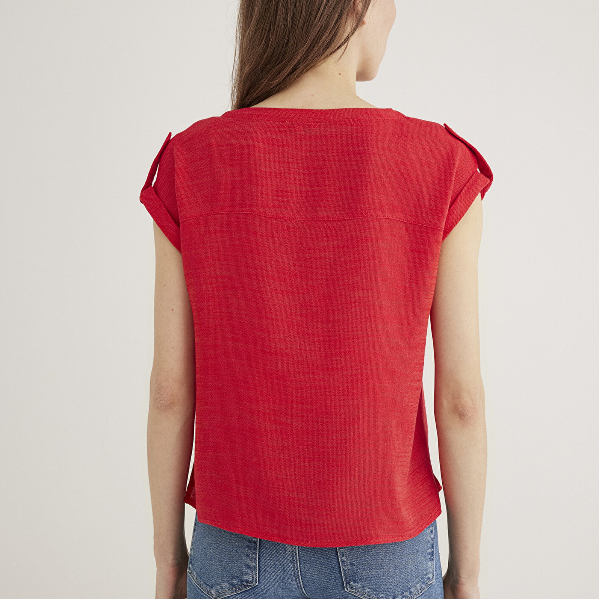 Mavi V Yaka Kırmızı Bluz 122504-30648