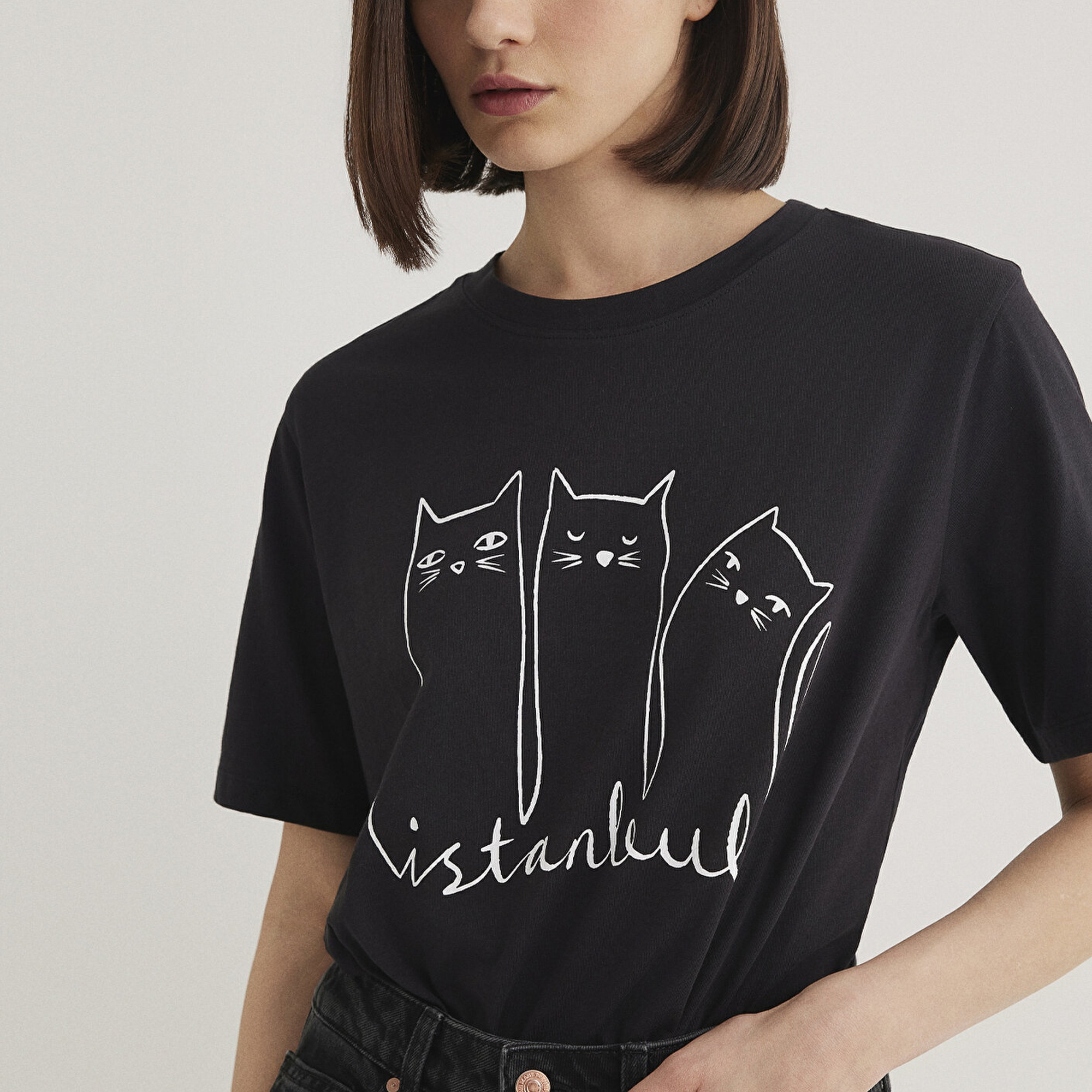 Mavi Kedi Baskılı Siyah İstanbul Tişört Regular Fit / Normal Kesim 1610674-70087