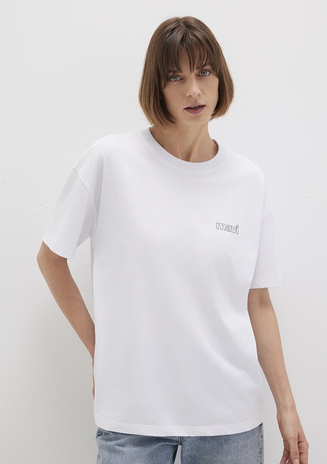  Mavi Mavi Logo Baskılı Beyaz Tişört Loose Fit / Bol Rahat Kesim 1611309-620