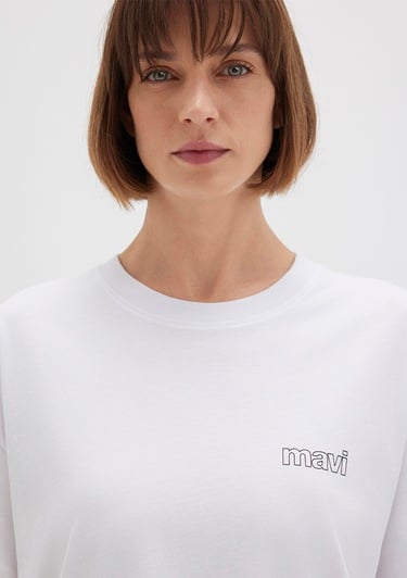  Mavi Mavi Logo Baskılı Beyaz Tişört Loose Fit / Bol Rahat Kesim 1611309-620