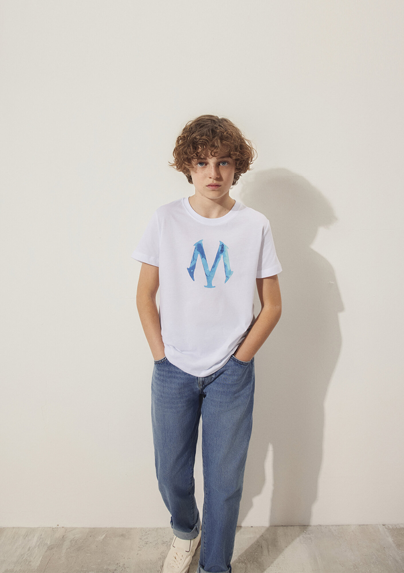  Mavi Mühür Logo Baskılı Beyaz Tişört Regular Fit / Normal Kesim 6610063-620