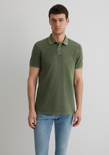  Mavi Renkli Şerit Detaylı Yeşil Polo Tişört Slim Fit / Dar Kesim 065920-30721