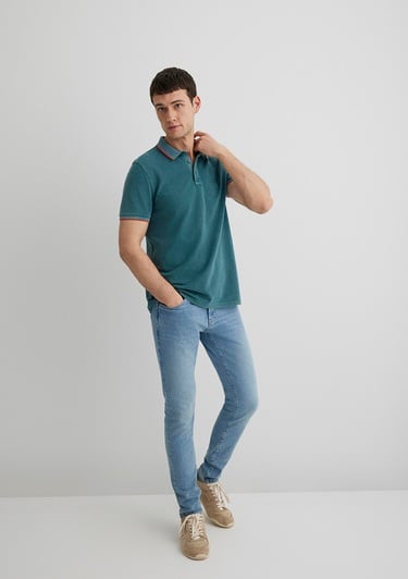  Mavi Renkli Şerit Detaylı Yeşil Polo Tişört Slim Fit / Dar Kesim 065920-30708