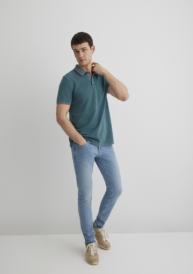  Mavi Renkli Şerit Detaylı Yeşil Polo Tişört Slim Fit / Dar Kesim 065920-30708