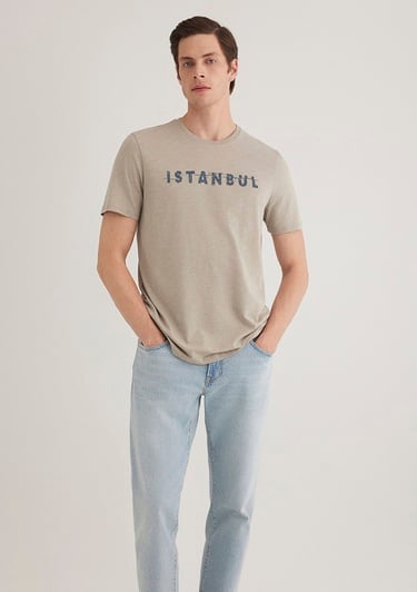 Mavi İstanbul Baskılı Bej Tişört Slim Fit / Dar Kesim 066282-31935