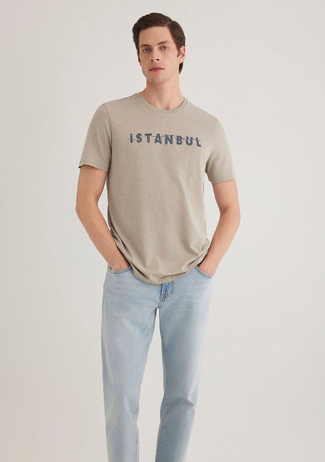  Mavi İstanbul Baskılı Bej Tişört Slim Fit / Dar Kesim 066282-31935