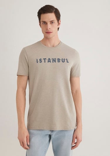  Mavi İstanbul Baskılı Bej Tişört Slim Fit / Dar Kesim 066282-31935