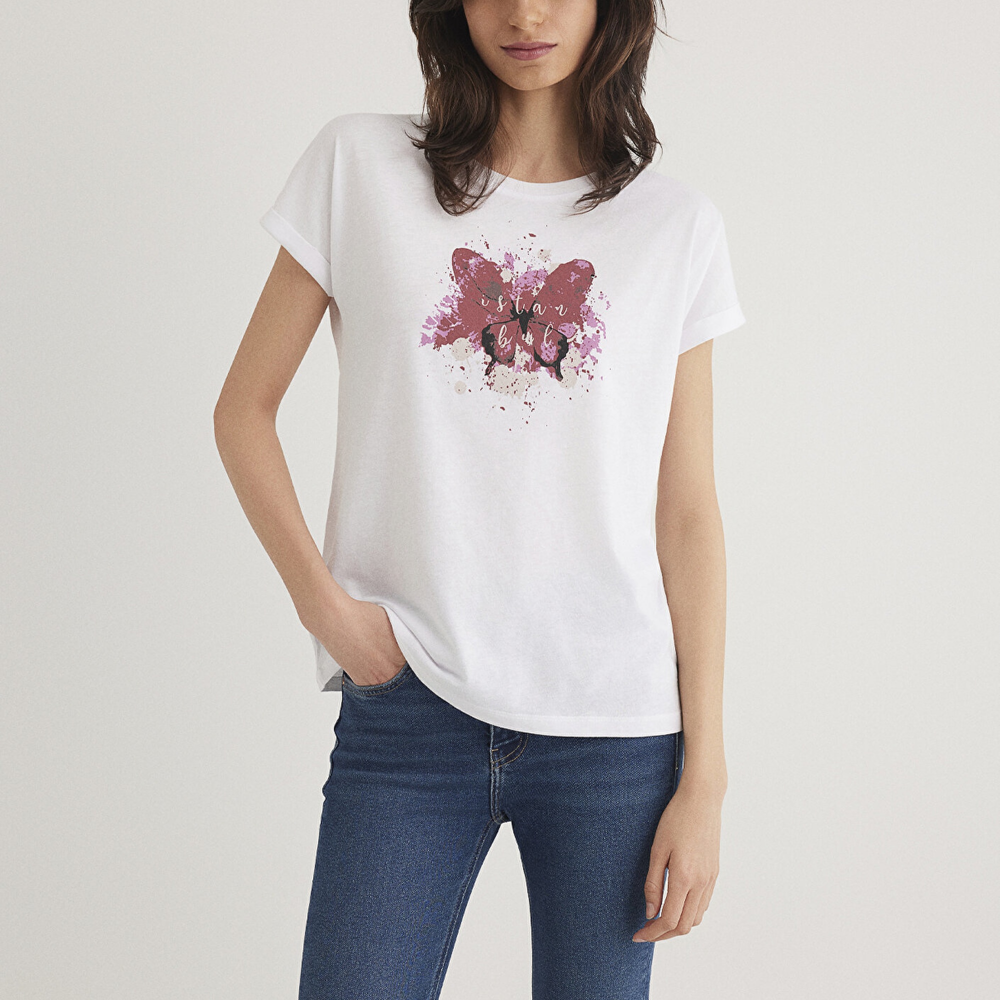 Mavi Kelebek Baskılı Beyaz İstanbul Tişört Regular Fit / Normal Kesim 167576-620