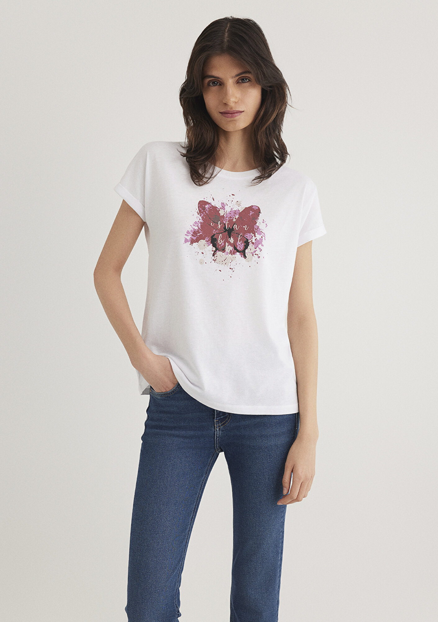  Mavi Kelebek Baskılı Beyaz İstanbul Tişört Regular Fit / Normal Kesim 167576-620