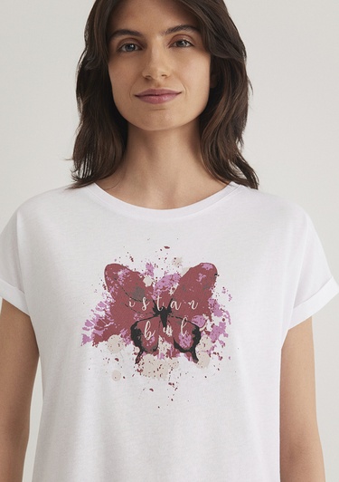  Mavi Kelebek Baskılı Beyaz İstanbul Tişört Regular Fit / Normal Kesim 167576-620