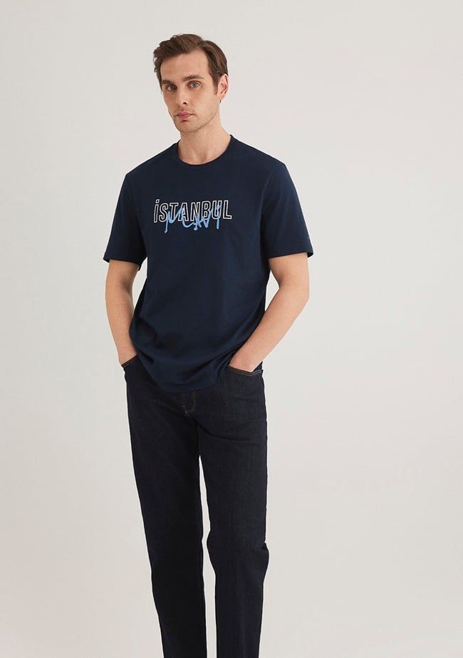  Mavi İstanbul Baskılı Lacivert Tişört Regular Fit / Normal Kesim 067114-34319