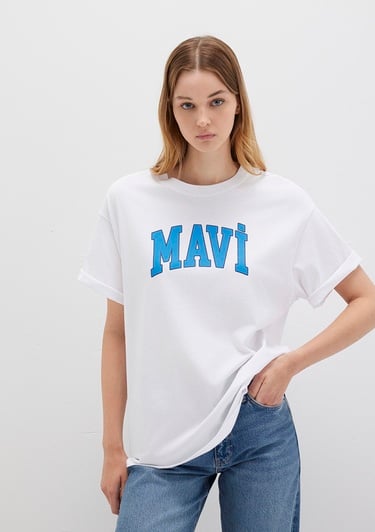  Mavi Mavi Logo Baskılı Beyaz Tişört Oversize / Geniş Kesim 1600843-70000