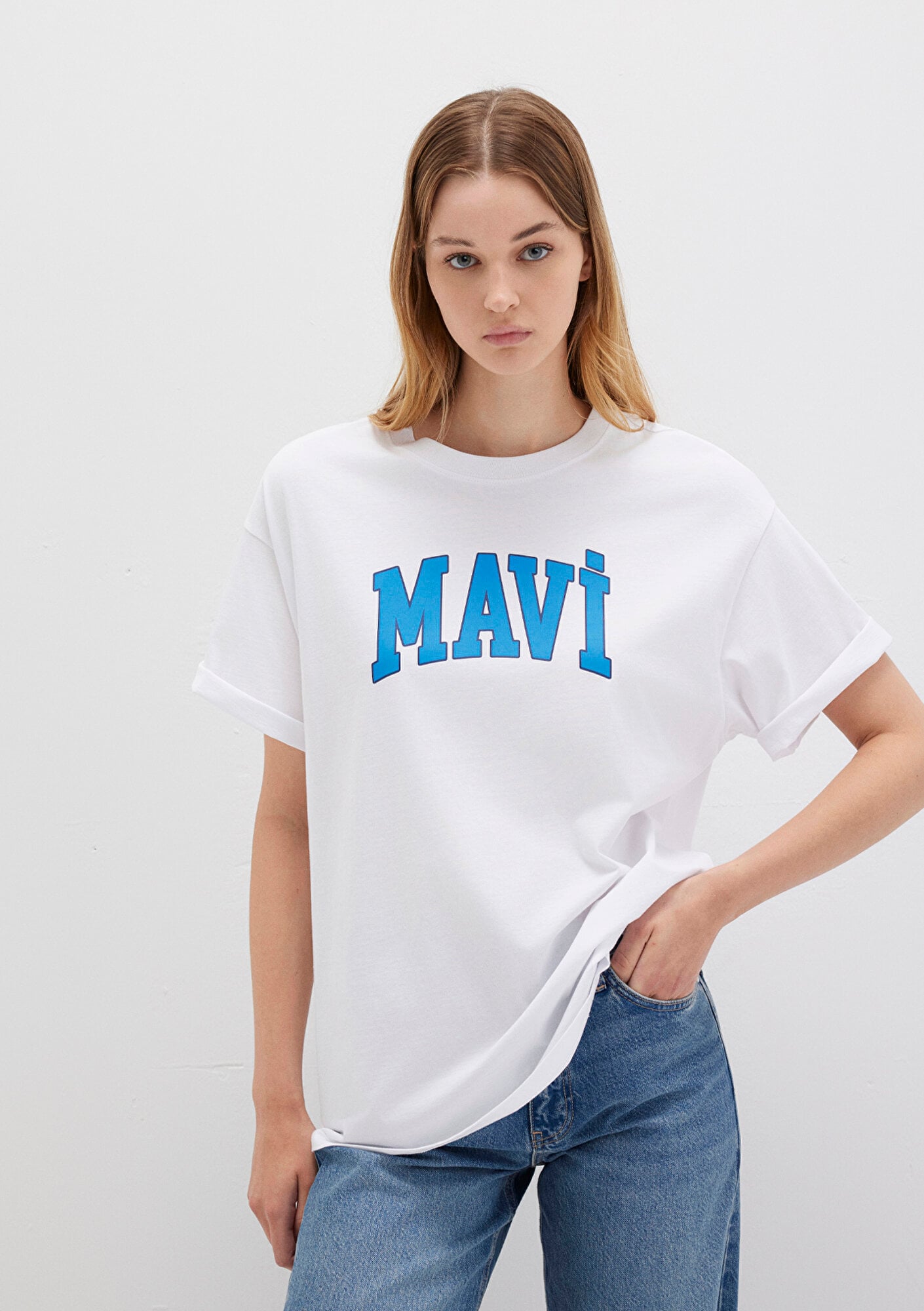  Mavi Mavi Logo Baskılı Beyaz Tişört Oversize / Geniş Kesim 1600843-70000
