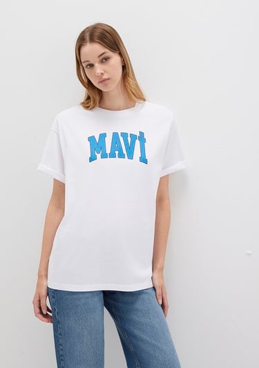  Mavi Mavi Logo Baskılı Beyaz Tişört Oversize / Geniş Kesim 1600843-70000