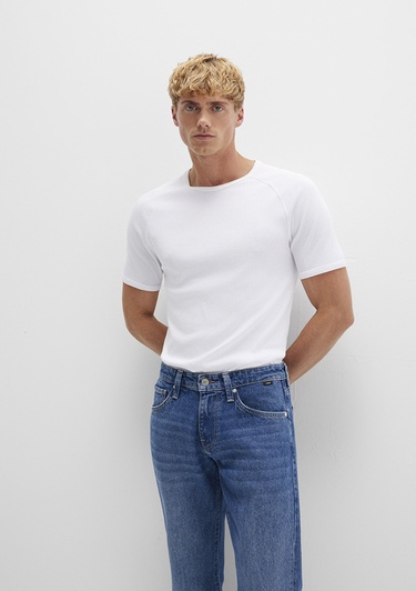  Mavi Ribana Detaylı Beyaz Tişört Fitted / Vücuda Oturan Kesim 06605622