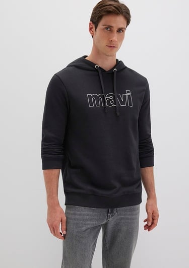  Mavi Mavi Logo Baskılı Kapüşonlu Siyah Sweatshirt 065606-900