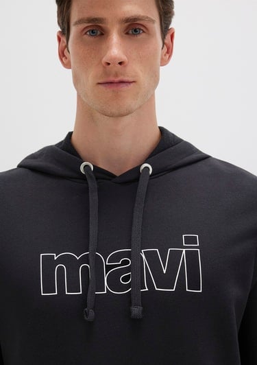  Mavi Mavi Logo Baskılı Kapüşonlu Siyah Sweatshirt 065606-900
