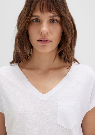  Mavi V Yaka Beyaz Basic Tişört Loose Fit / Bol Rahat Kesim 1600961-620