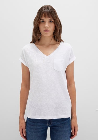  Mavi V Yaka Beyaz Basic Tişört Loose Fit / Bol Rahat Kesim 1600961-620