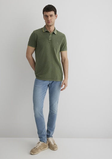  Mavi Renkli Şerit Detaylı Yeşil Polo Tişört Slim Fit / Dar Kesim 065920-30721