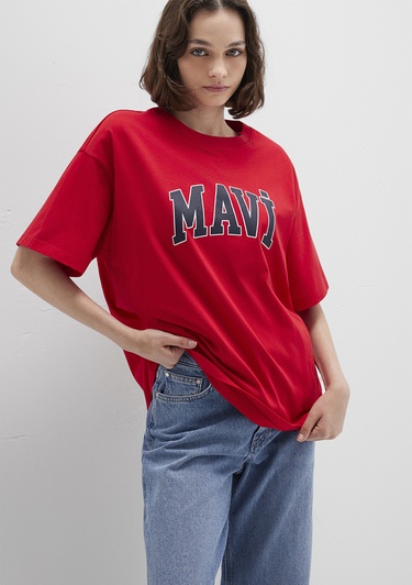  Mavi Mavi Logo Baskılı Kırmızı Tişört Oversize / Geniş Kesim 1600843-82054