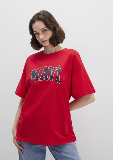  Mavi Mavi Logo Baskılı Kırmızı Tişört Oversize / Geniş Kesim 1600843-82054