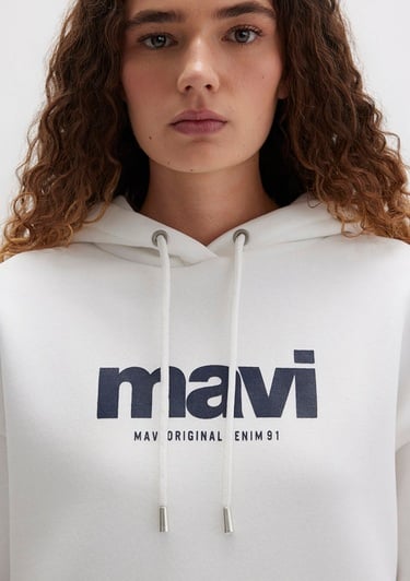  Mavi Mavi Logo Baskılı Kapüşonlu Ekru Sweatshirt 168334-81964