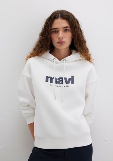  Mavi Mavi Logo Baskılı Kapüşonlu Ekru Sweatshirt 168334-81964