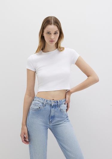  Mavi Beyaz Basic Crop Tişört Crop / Kısa Kesim 1600814-620