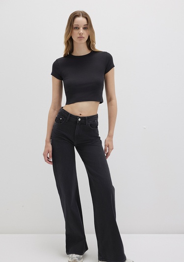  Mavi Siyah Basic Tişört Crop / Kısa Kesim 1600814-900