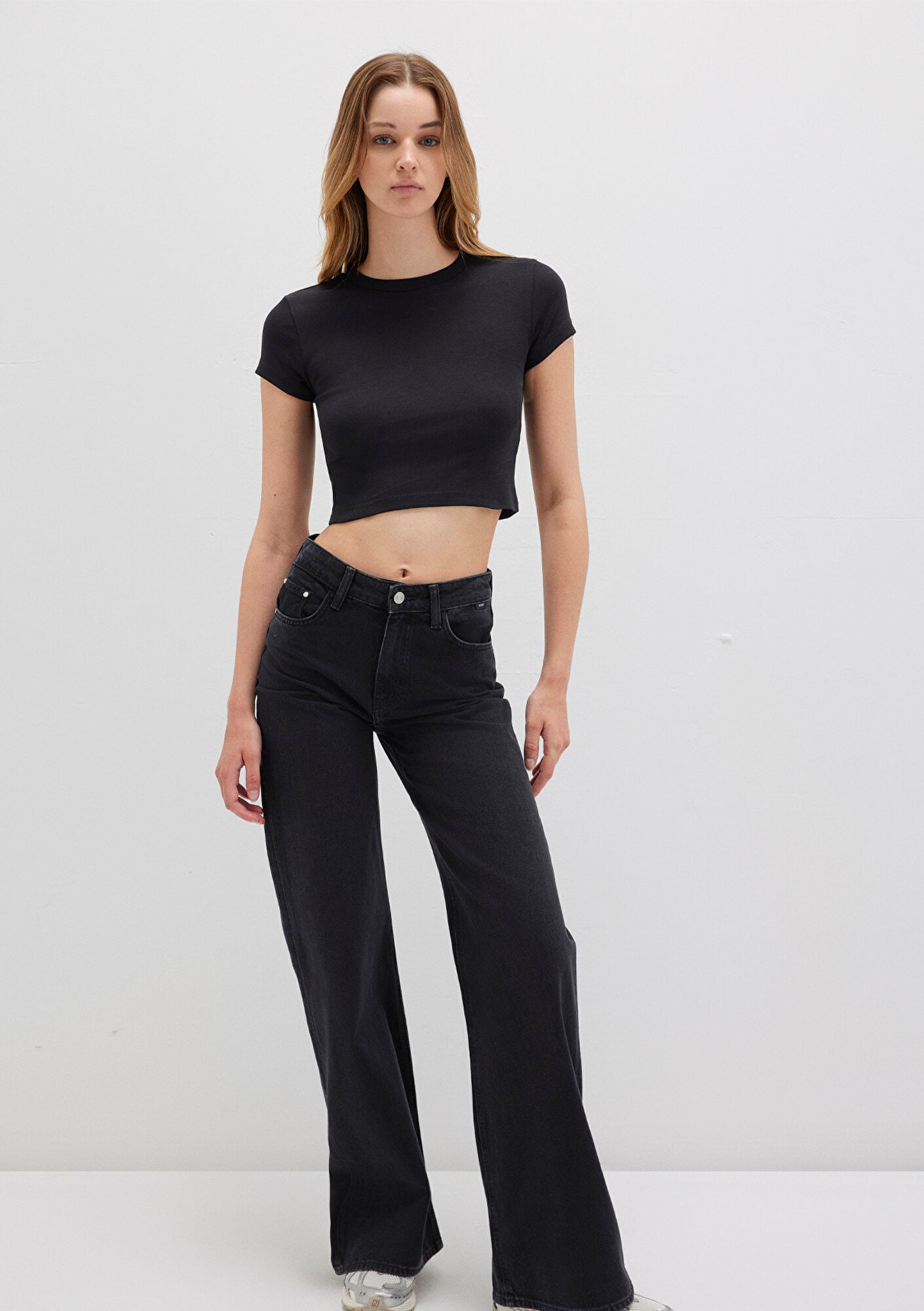  Mavi Siyah Basic Tişört Crop / Kısa Kesim 1600814-900