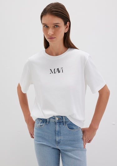  Mavi Mavi Logo Baskılı Beyaz Tişört Regular Fit / Normal Kesim 1611594-620