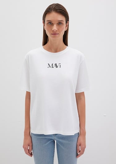  Mavi Mavi Logo Baskılı Beyaz Tişört Regular Fit / Normal Kesim 1611594-620