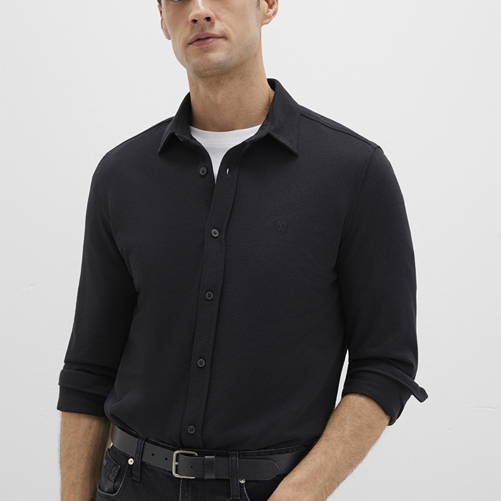 Mavi Siyah Örme Gömlek Fitted / Vücuda Oturan Kesim 0210294-900