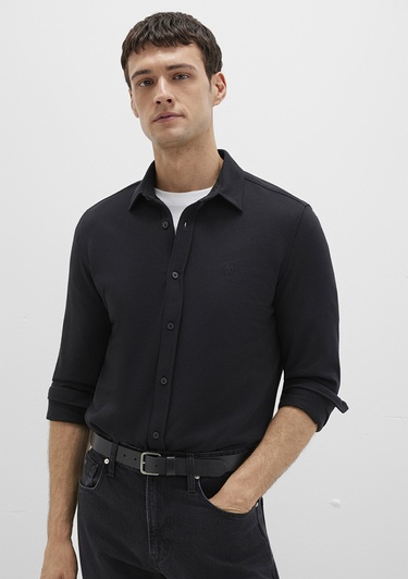  Mavi Siyah Örme Gömlek Fitted / Vücuda Oturan Kesim 0210294-900